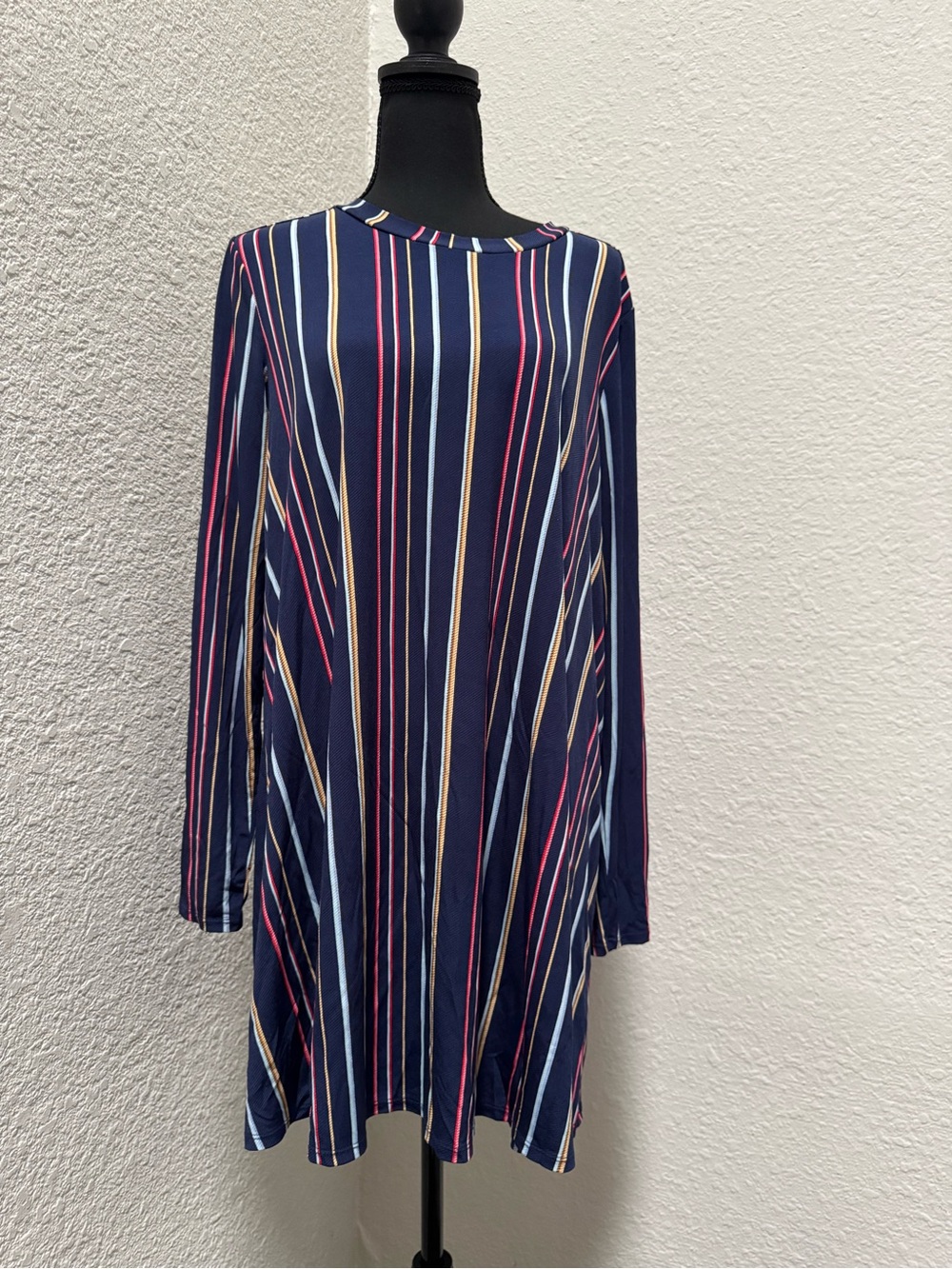BCBGeneration Navy Vertical Multicolor Stripe Long-Sleeve Dress